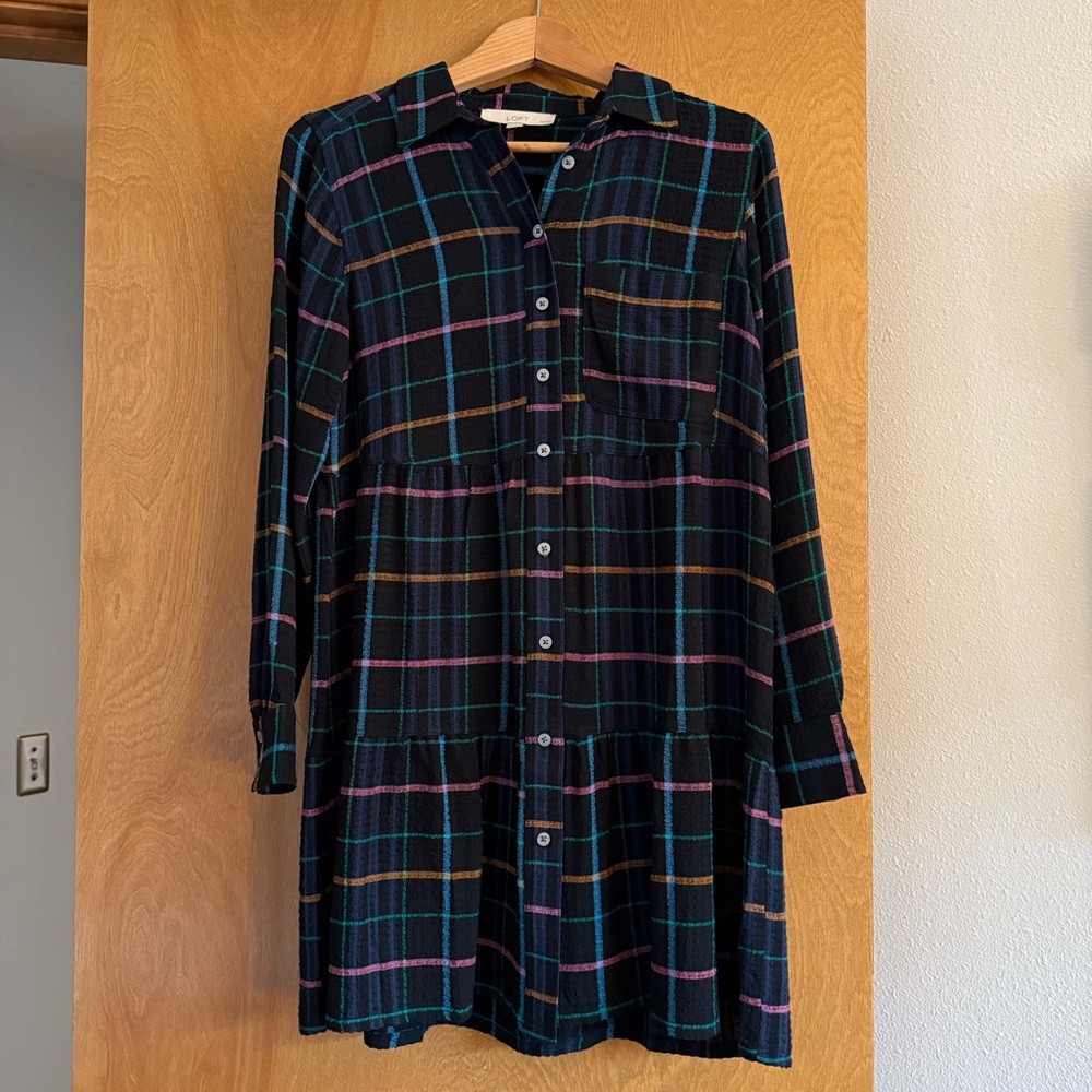 LOFT Blue and Black Long Sleeve Shirt Dress